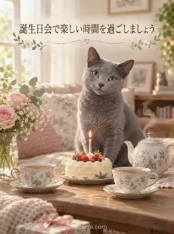 湯気の立つポット、向かい合う二つのティーカップ、ろうそく付きのケーキのそばに座るロシアンブルー。