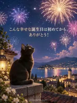 静かな屋根の端に座り、深い藍色の夜空に開く花火を見上げる黒猫。