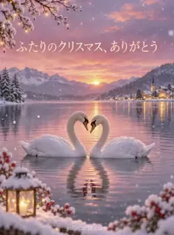 雪の舞う夕暮れの湖で、二羽の白鳥が首を近づけてハートのような形を作り、水面に淡い空が映っています。