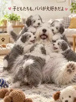 明るい居間で仰向けになったオールドイングリッシュシープドッグに、たくさんの子犬がじゃれる風景。