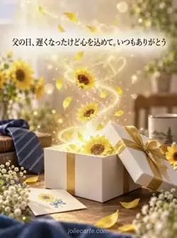 開いた白い贈り物の箱から、金色の輝きと小さなひまわりの花びらが浮かぶ風景。