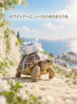 白い花が点在する砂の道を、リボン付きの白い箱を甲羅に載せて歩く小さな亀。