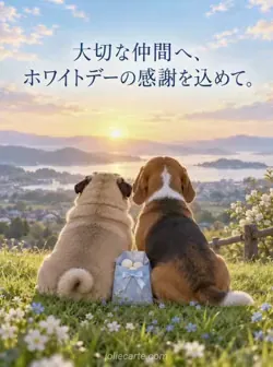 朝の光に向かって丘に並ぶパグとビーグル。二匹の間に白いキャンディーの袋があります。