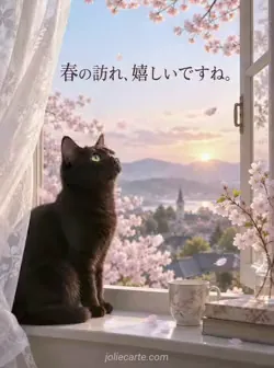 開いた窓辺に座る黒猫が、朝の光とともに入る桜の花びらを見つめています。「春の訪れ、嬉しいですね。」と記されています。