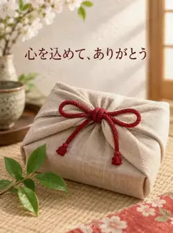 編み敷物の上に置かれたベージュの風呂敷包み。赤いひもが蝶結びにされ、そばに緑の小枝が添えられています。