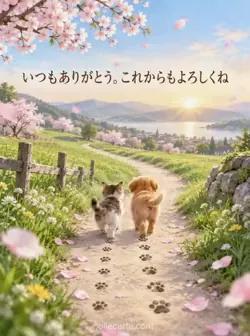 桜の花びらが舞う新緑の野原の道に、二列の小さな足跡が朝の光へ向かって続いています。