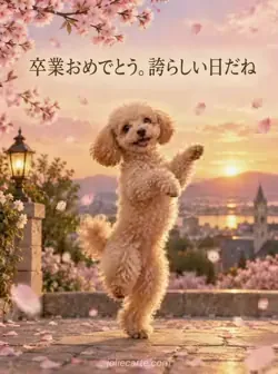 金色の夕日と桜の花びらに包まれ、杏色のトイプードルが後ろ足で立って踊るような姿をしています。