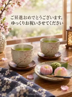 自然光が差す木のテーブルに置かれた、湯気の立つ二つの緑茶と色とりどりの和菓子。