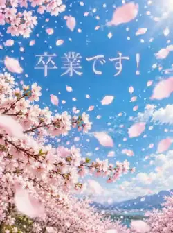 鮮やかな青空を背景に、満開の桜の枝から花びらが舞い上がる様子。「卒業です！」の文字。