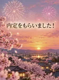 屋根と桜の木々の上、桃色と橙色の夕空に開く花火。「内定をもらいました！」の文字。