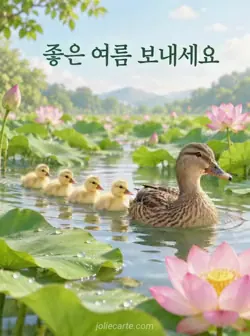 초록 연잎과 분홍 연꽃이 있는 잔잔한 연못에서 어미 오리가 노란 새끼 오리들을 이끌고 헤엄치는 모습