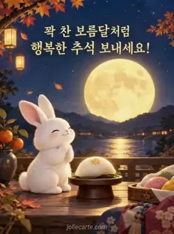 앞발을 모은 흰 토끼가 작은 나무 받침의 둥근 송편을 바라보고 뒤로 거대한 보름달이 빛나는 모습