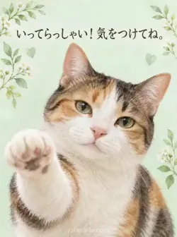 淡いミント色の背景でこちらを見つめ、前足を伸ばしてまばたきする水彩の三毛猫。「いってらっしゃい！気をつけてね。」の文字。