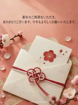 コーラル色の背景に、梅の型押しのカードがのぞく和紙の封筒と紅白の梅結びの水引。新年の挨拶へのお礼の文面。