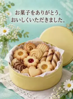 落ち着いたターコイズ色の背景に、花形やロール状のビスケットが詰まる黄色い丸缶と、手前のハート形ビスケット。