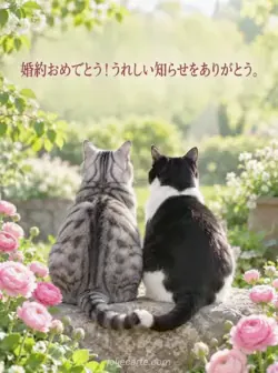 花の咲く庭の石に二匹の猫が後ろ向きに並び、しっぽを寄せ合う姿と婚約報告へのお礼のカード。