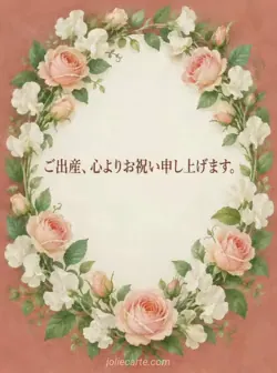 テラコッタ色の背景にバラとスイートピーの楕円の花輪。中央に敬語の出産祝いが記されています。