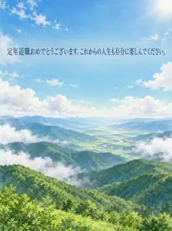 緑の山並みと明るい谷、広い青空を描いた水彩画。定年退職祝いとこれからを楽しんでほしい言葉入り。