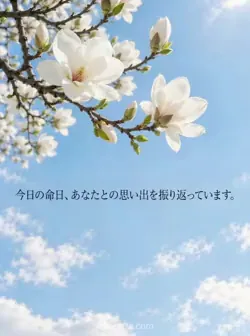 青空を見上げる白いモクレンの枝と「今日の命日、あなたとの思い出を振り返っています。」の文字。