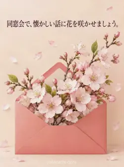 ピンクの封筒から桜の枝が広がり、「同窓会で、懐かしい話に花を咲かせましょう。」と添えられたカード。