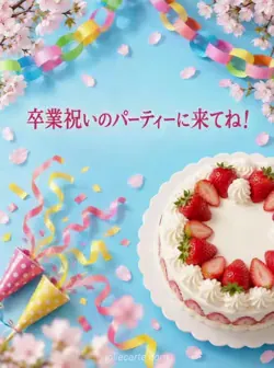 水色の背景にイチゴのケーキ、紙の輪飾り、クラッカーを配し、「卒業祝いのパーティーに来てね！」と書かれたカード。