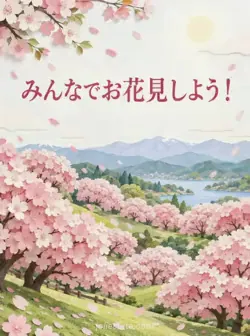 緑の丘に桃色と珊瑚色の桜が並ぶ、立体的な切り紙風のお花見招待カード。
