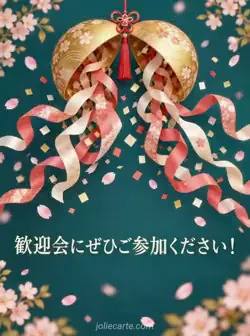 深い青緑の背景で金色のくす玉が開き、リボンと紙吹雪が広がる歓迎会のお誘いカード。