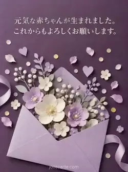 濃い紫の背景で薄紫の封筒から白と薄紫の紙の花が広がる、赤ちゃんの誕生報告カード。