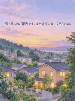 薄紫の夕空の下に住宅街が広がり、手前の桃色の家に灯りがともる水彩の引っ越し報告カード。