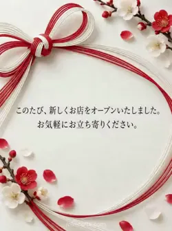 白い紙に紅白の水引の結びと、新規開店および来店を案内する文字を配したカード。