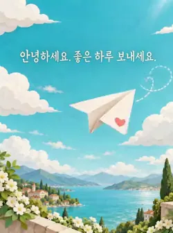 청록빛 하늘과 흰 구름 사이로 작은 산호빛 하트가 그려진 아이보리색 종이비행기가 날아오며 정중한 인사와 좋은 하루를 바라는 문구가 있는 카드
