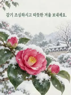 눈이 내려앉은 짙은 초록 잎과 봉오리 사이에 분홍 동백꽃이 핀 수채화에 감기 조심과 따뜻한 겨울을 바라는 인사가 있는 카드