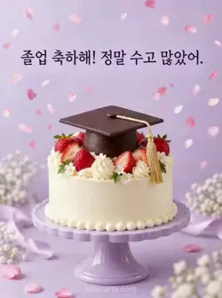 연보라색 배경에 초콜릿 학사모와 딸기를 올린 케이크가 있고 분홍색 색종이 조각 위로 졸업 축하와 수고를 전하는 친근한 문구가 있는 카드