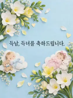 연한 하늘색 바탕의 왼쪽 위와 오른쪽 아래에 흰색과 연노란색 프리지어 종이꽃이 놓이고 가운데에 득남과 득녀를 축하하는 문구가 있는 카드
