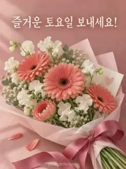 장밋빛 바탕 아래쪽에 분홍 포장지와 진분홍 리본으로 감싼 거베라와 아이보리색 스위트피 꽃다발이 있는 토요일 카드