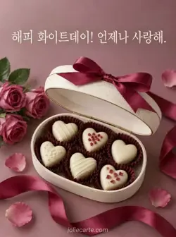 차분한 자줏빛 배경 위 붉은 리본을 두른 아이보리색 상자가 열려 하트 화이트초콜릿이 보이고, 위쪽에 화이트데이 축하와 사랑의 인사가 있는 카드