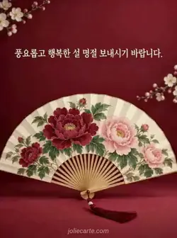 짙은 포도주색 바탕 앞에 대나무 부챗살이 있는 상아색 부채가 펼쳐지고 자주색과 연분홍색 모란 및 초록 잎이 그려져 있으며, 위쪽에 풍요롭고 행복한 설을 기원하는 문구가 적힌 카드