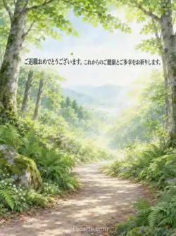 ブナの新緑とシダに囲まれた道が明るい場所へ続く、水彩の退職祝いカード。
