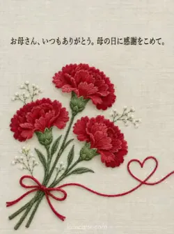 生成りのリネンに３本の赤いカーネーションと小さなハートを刺繍した母の日カード。