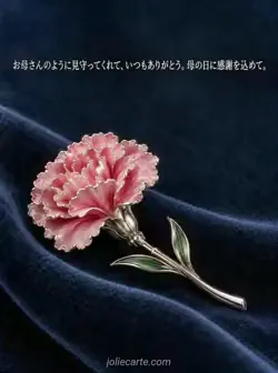紺色のベルベットに桃色のエナメルと銀の茎のカーネーションのブローチを置いた母の日カード。