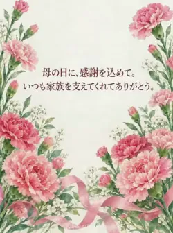 白い背景の両側に桃色と珊瑚色のカーネーションを描いた、妻への母の日の感謝カード。