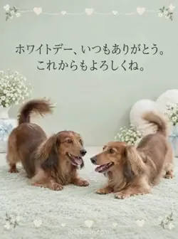 ミント色の敷物で２匹のダックスフンドが遊びに誘い合う、恋人へのホワイトデーカード。