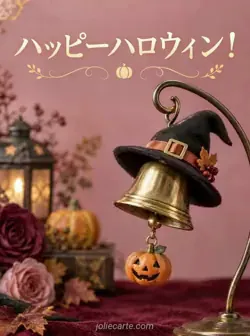 くすんだピンクの背景に、黒いフェルトの魔女の帽子をかぶった真鍮のベルが下がり、下部にかぼちゃのチャームがある。