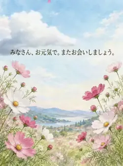 白とピンクのコスモスが半円を描き、「みなさん、お元気で。またお会いしましょう。」と添えられたカード。