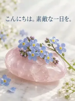 淡いピンクのローズクォーツに重なる青い忘れな草と「こんにちは。素敵な一日を。」の文字。