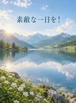 緑の丘と白い野の花に囲まれた静かな湖の絵に「素敵な一日を！」の文字。
