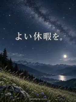 草原の低い影の上に広がる星空と淡い天の川。「よい休暇を。」の文字。