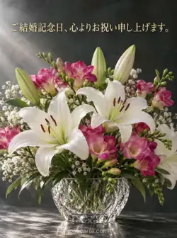 暗い背景に、クリスタルの花瓶に飾られた白いユリと濃桃色のフリージア。「ご結婚記念日、心よりお祝い申し上げます。」の文字。