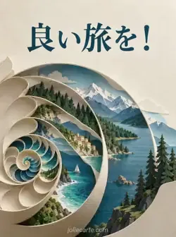 海、森、山を重ねた紙が貝殻のようならせんを形作る、白と青緑の立体作品。