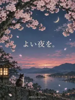 夕空を囲むように桜の枝と淡い花を描いた木版画風の絵に、「よい夜を。」の文字。